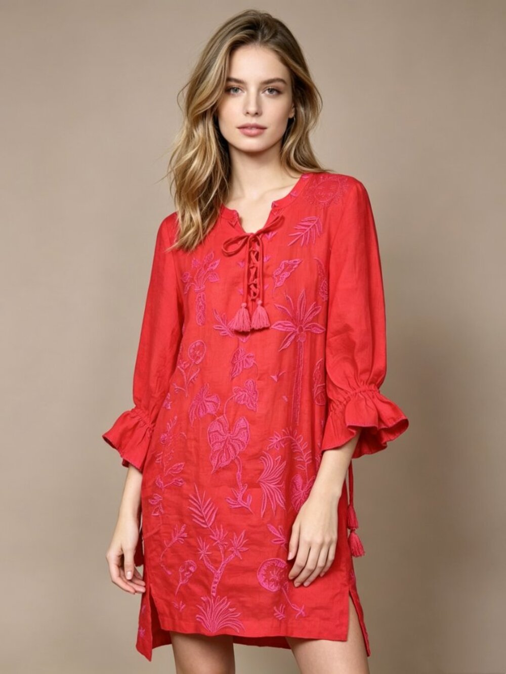 NWOT Johnny Was Linen Embroidery Ruffles Red Luciana Tie Front Tunic Dress M